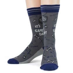 blue silver navy football game day mens socks front view on mannequin