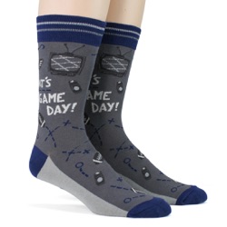 blue silver navy football game day mens socks side view on mannequin