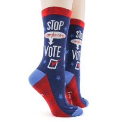stop complaining and vote women's novelty socks sidefront view on mannequin
