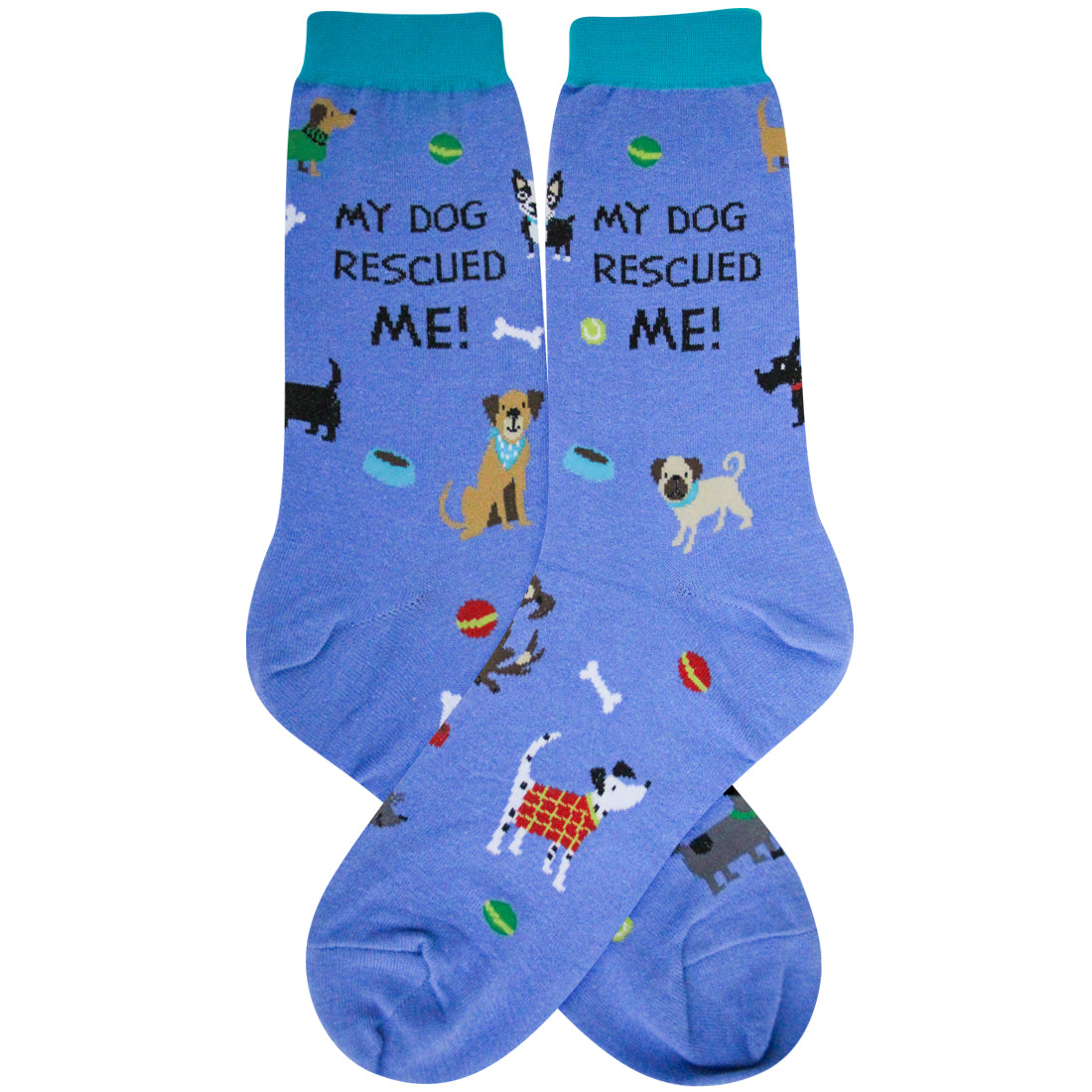 A pair of blue crew socks with a colorful pattern of various dog breeds and toys, featuring the text 'MY DOG RESCUED ME!' printed on the side.