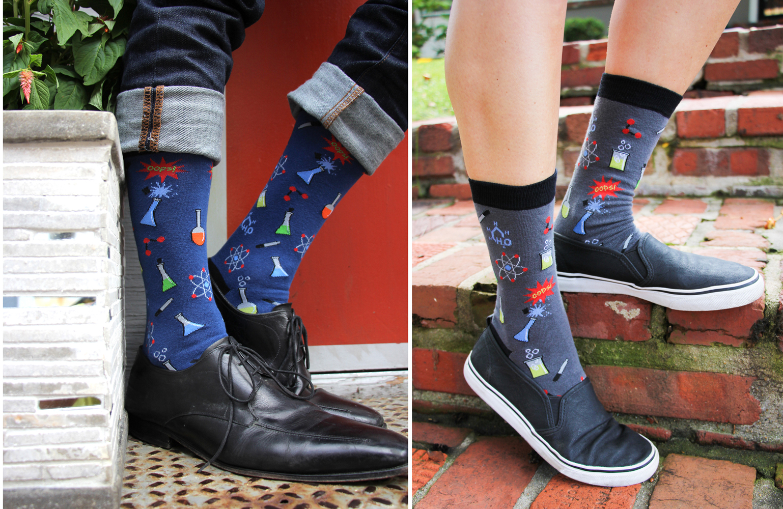 Photo of man and woman in front of red wearing blue and grey socks with a design of beakers and molecules on them.