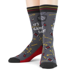black red gold mens football game day socks front view on mannequin
