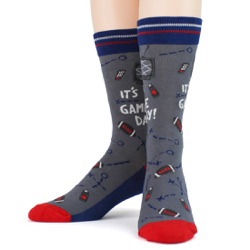 red blue silver mens football game day socks front view on mannequin