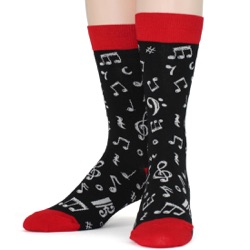 mens dancing music notes socks front view on mannequin