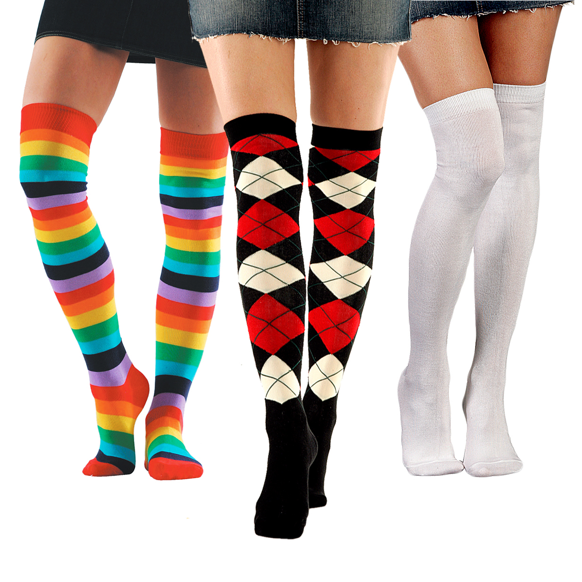 Women Cotton Blends Thigh High Warm Rainbow Striped Knee Socks Long Stockings