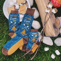 women's s'mores socks with campfire and s'mores